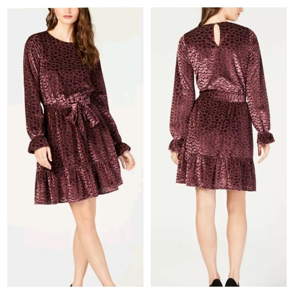 Michael Kors Purple Velvet Scalloped Belted Dress - Picture 1 of 8